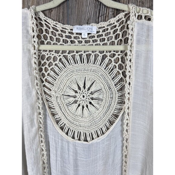 Rebellion Crochet Cardigan Womens Sm Open Knit Duster Fringe Boho Festival Retro - Picture 2 of 12